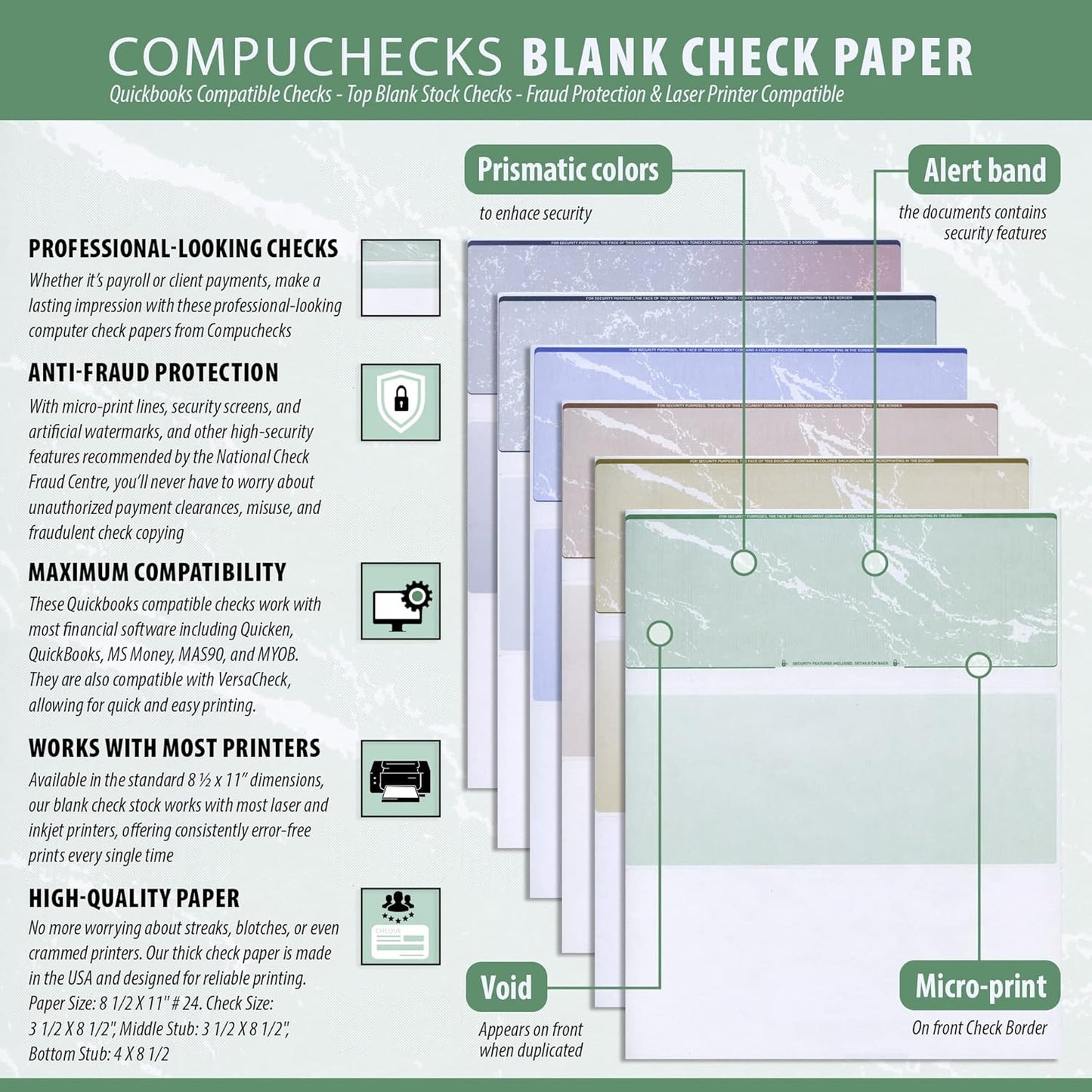 Compuchecks Check on Top Blank Check Paper - 2500 Pack, Quick-Books & Laser Printer Compatible - Security Business Checks with Voucher - 8.5" x 11" Steel Blue Pinstripe