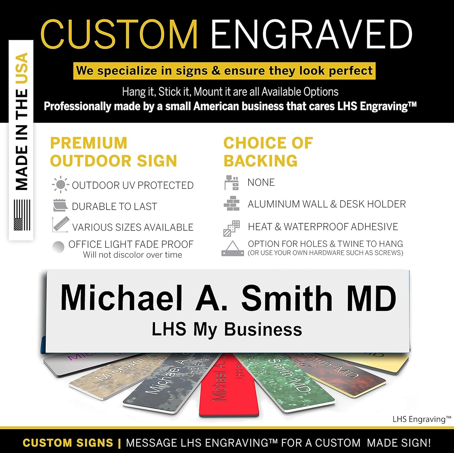 Door Name Plate Personalized for Office White Plastic Name Plate Black Letters - Made in USA 2x12 B16