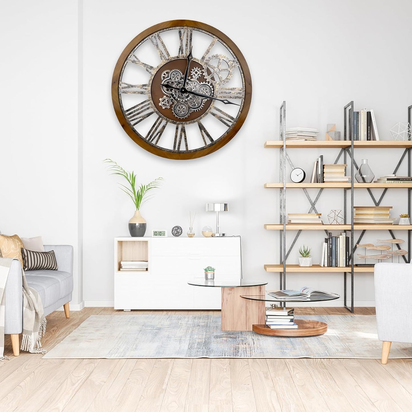 The B-Style Large Real Moving Gears Wall Clock 30 inch Rustic Retro Industrial Farmhouse Wood Clock Oversized Decorative Vintage Wall Clocks for Living Room (Drak Brown and Bronze)