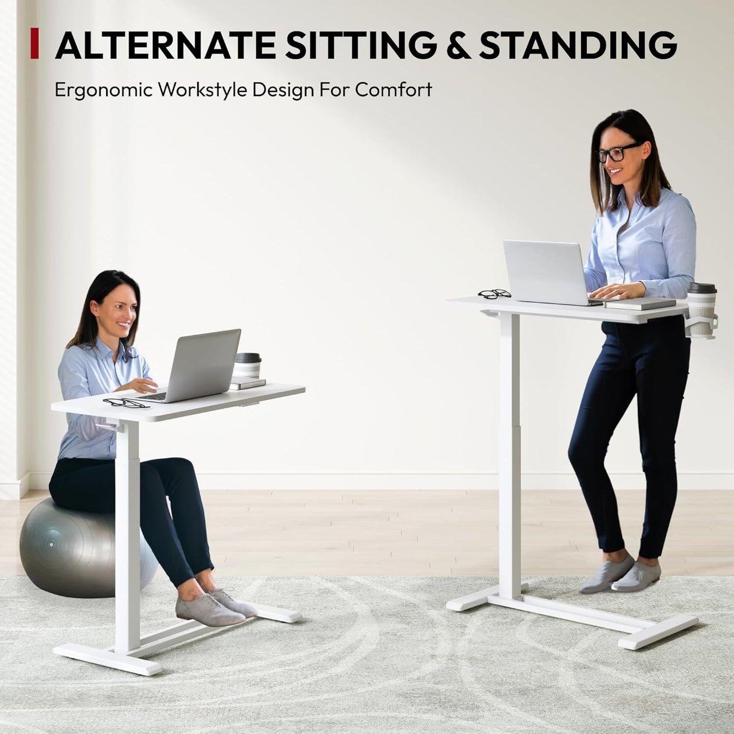 SANODESK Mobile Standing Desk with Hidden Wheels,Pneumatic Laptop Desk Rolling Computer Cart Movable Height Adjustable Small Sit Stand Desk for Home Office(31.5" W x 15.7" D,White)
