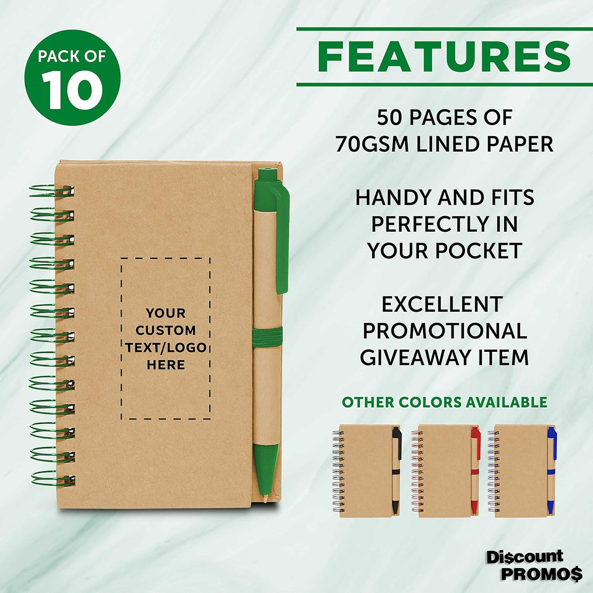 Custom Mini Spiral Notebooks with Black Ink Pens Set of 10, Personalized Bulk Pack - Perfect for School, Office, Business, Home - Green