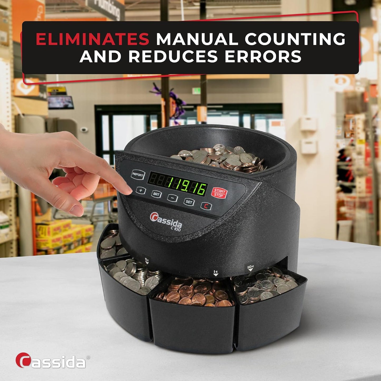 Cassida C100 Electronic Coin Sorter/Counter, Countable coins 1¢, 5¢, 10¢, 25¢, 250 coins/min, 110 VAC