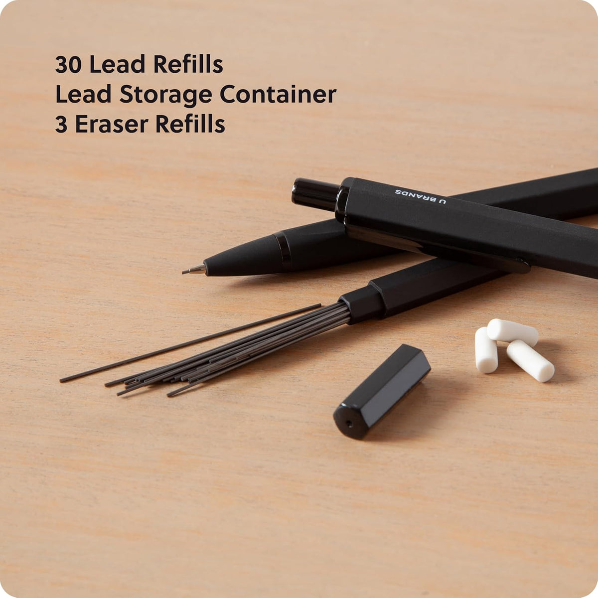 U Brands Cambria Mechanical Pencils, Set of 2, Midnight Black, Soft Touch, Medium (0.7 mm) Point, Lead and Eraser Refills