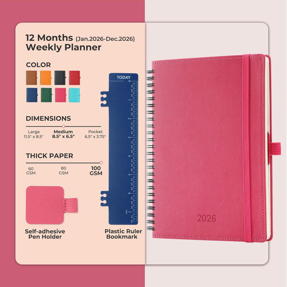 Planner 2026 Daily Weekly and Monthly,8.5"x6.5",12 Months Spiral Bound Calendar Agenda with Self-adhesive Pen Holder,2026 Appointment Book with Vegan Leather Soft Cover,Rose Red