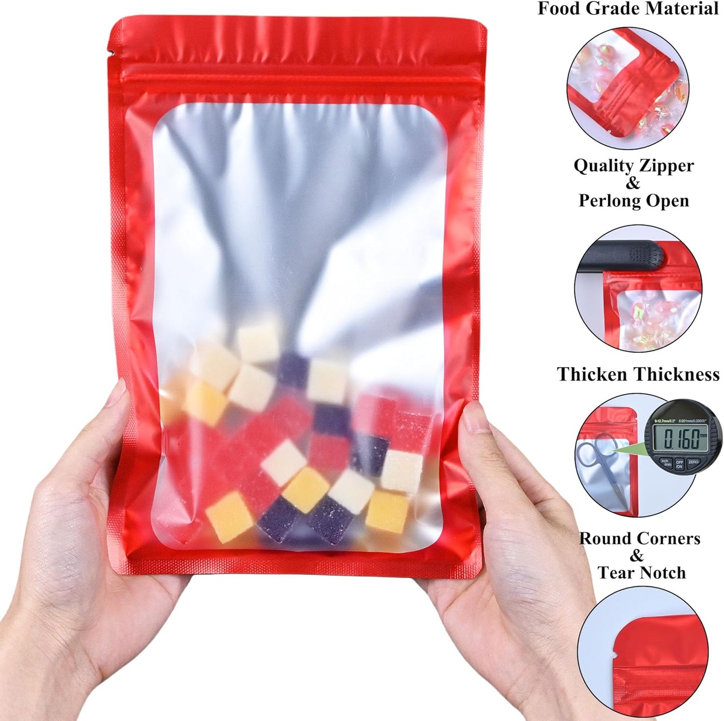 Resealable Mylar Pouch Bag Great for Office Home Party Favor Food Storage (100PCS, Red Color, 6.3 x 9.5 inch)