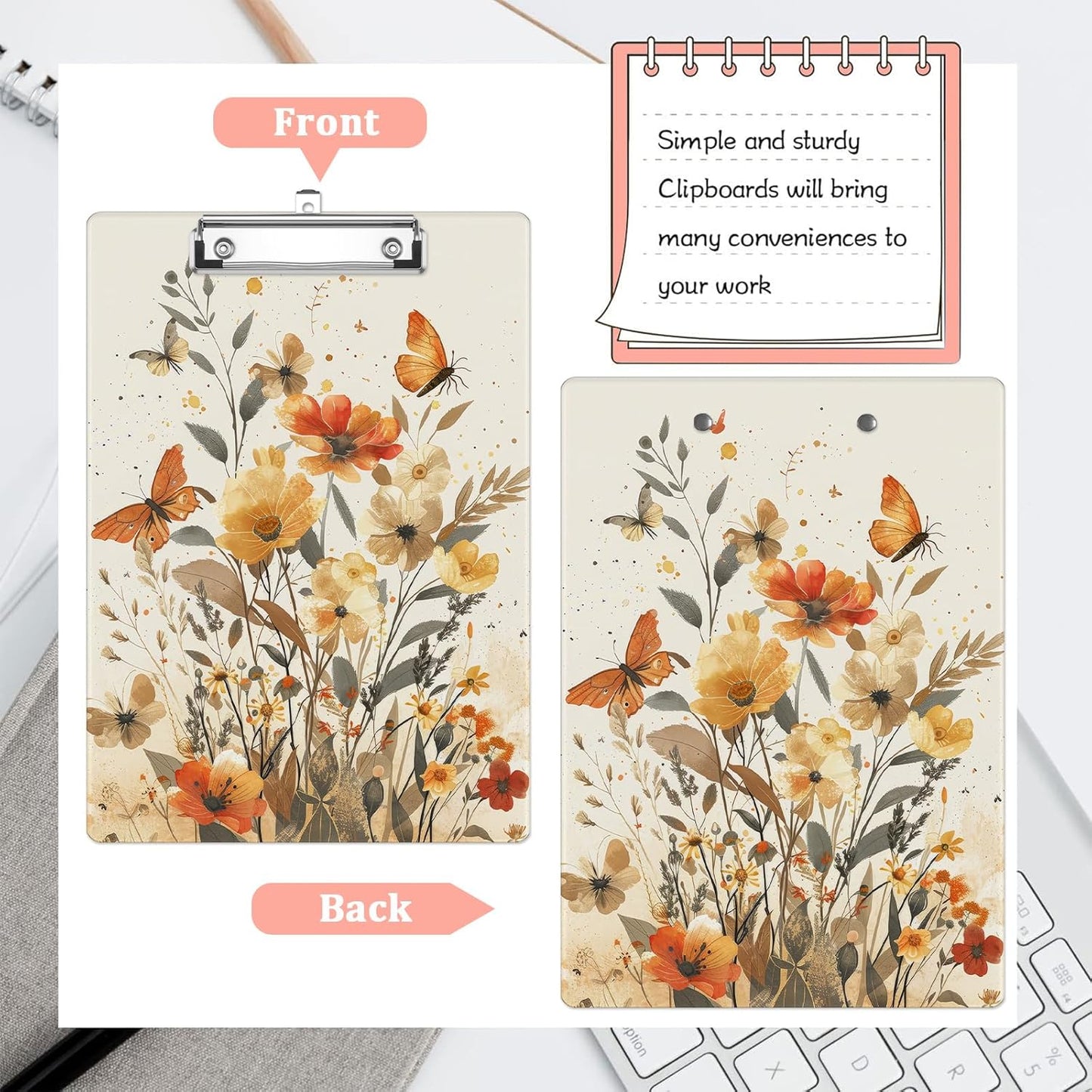 Flowers Butterfly Plastic Clipboards,Cute Fashion Watercolor Clipboard Decorative 8.5" x 12.5"Standard A4 Size Clipboards,Acrylic Clipboard for Teacher,Social Worker,Students,Nurse,Office Supplies