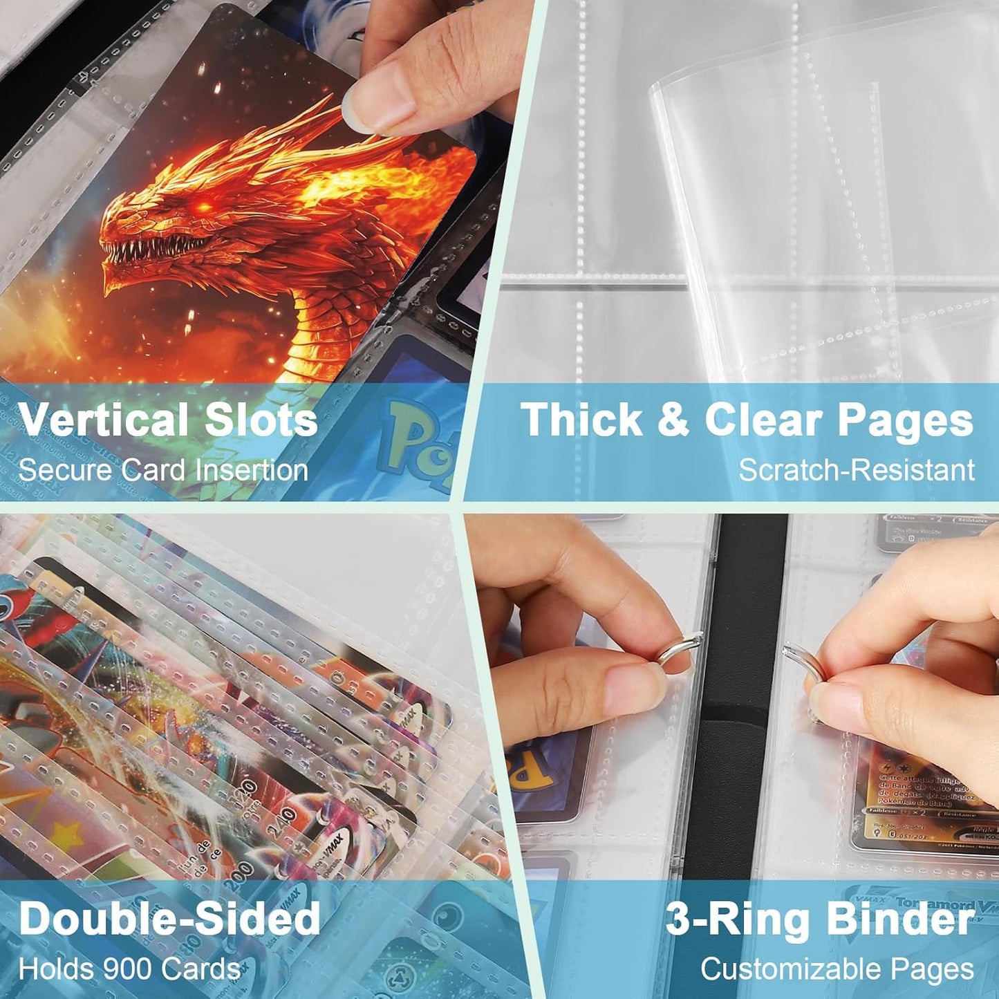 Fire & Ice Dragon 9 Pocket Trading Card Binder Album, Holds 900 Cards with 50 Removable Double-Sided Sleeves, Waterproof PU Leather Zipper Binder for TCG, MTG, Sports Cards