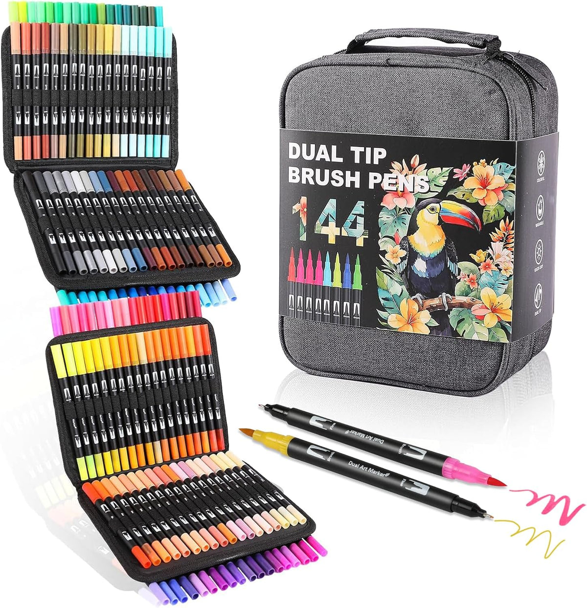 Dual Tip Markers, Double Brush Art Markers Set with Fine Tip and Brush Tip for Adult Coloring Book, Hand Lettering, Calligraphy & Drawing, Art Supplies Kit for Kids and Adults (144 Colors)