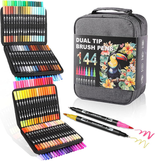Dual Tip Markers, Double Brush Art Markers Set with Fine Tip and Brush Tip for Adult Coloring Book, Hand Lettering, Calligraphy & Drawing, Art Supplies Kit for Kids and Adults (144 Colors)