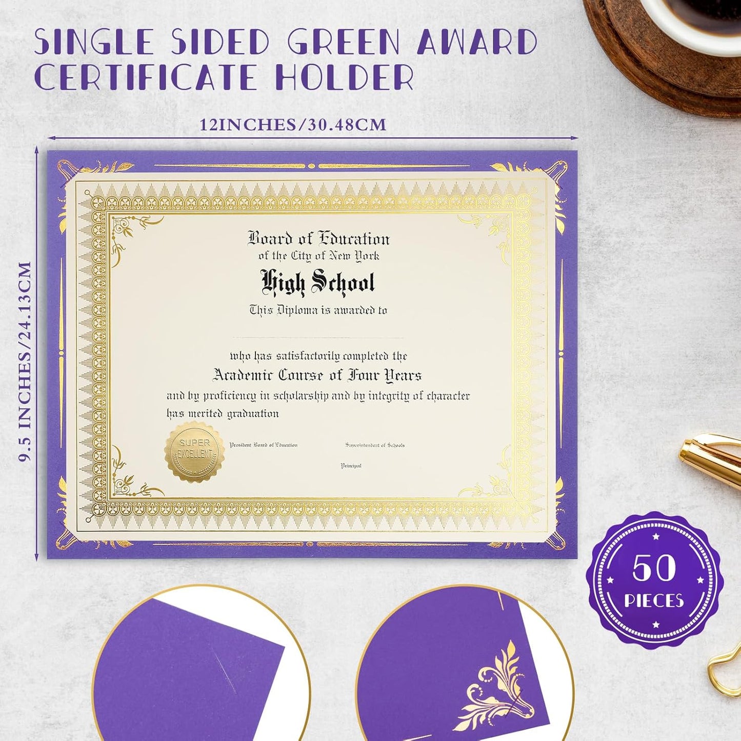 Fainne 50 Sets Certificate Kit Includes 50 Pcs 9.5 x 12 Inch Certificate Holders 50 Pcs Letter Size Papers 50 Pcs Foil Award Seals Diploma Covers for Appreciation(Purple, Gold)