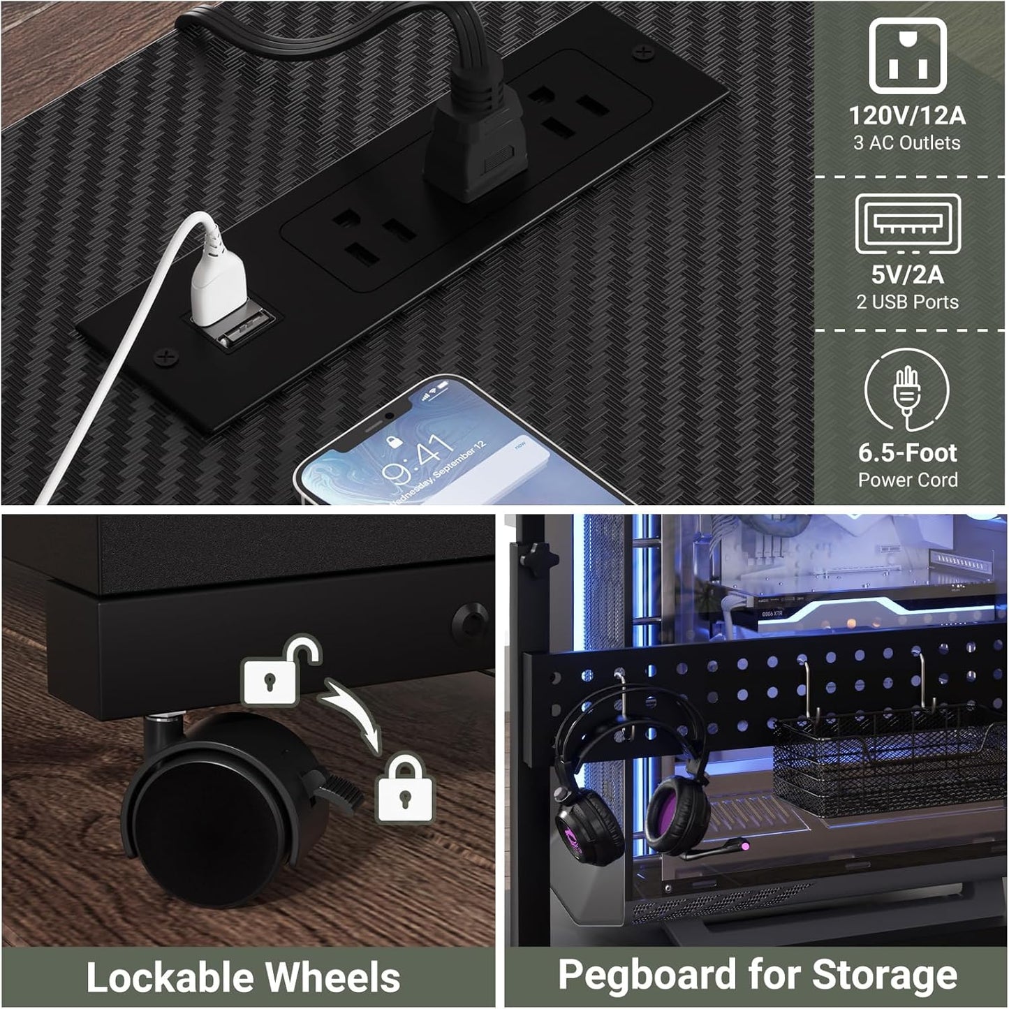 32" Large Computer Tower Stand with Power Strips, 4 Levels Manual Height Adjustable PC Tower Stand for Under Desk, Mobile Rolling CPU Holder Computer Cart with Wheels, Carbon Fiber Black