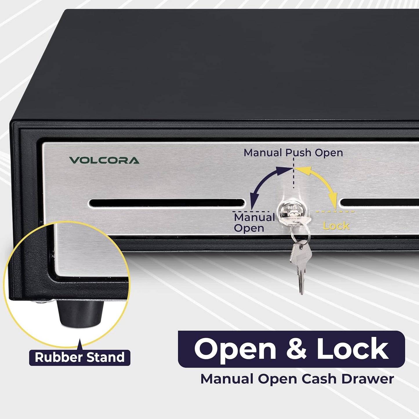 Volcora 16" Manual Push Open Cash Register Drawer for Point of Sale (POS) System - Black and Stainless Steel Front Touch Panel - Durable Cash Drawer with Removable Tray, 5 Bills and 8 Coin Slots