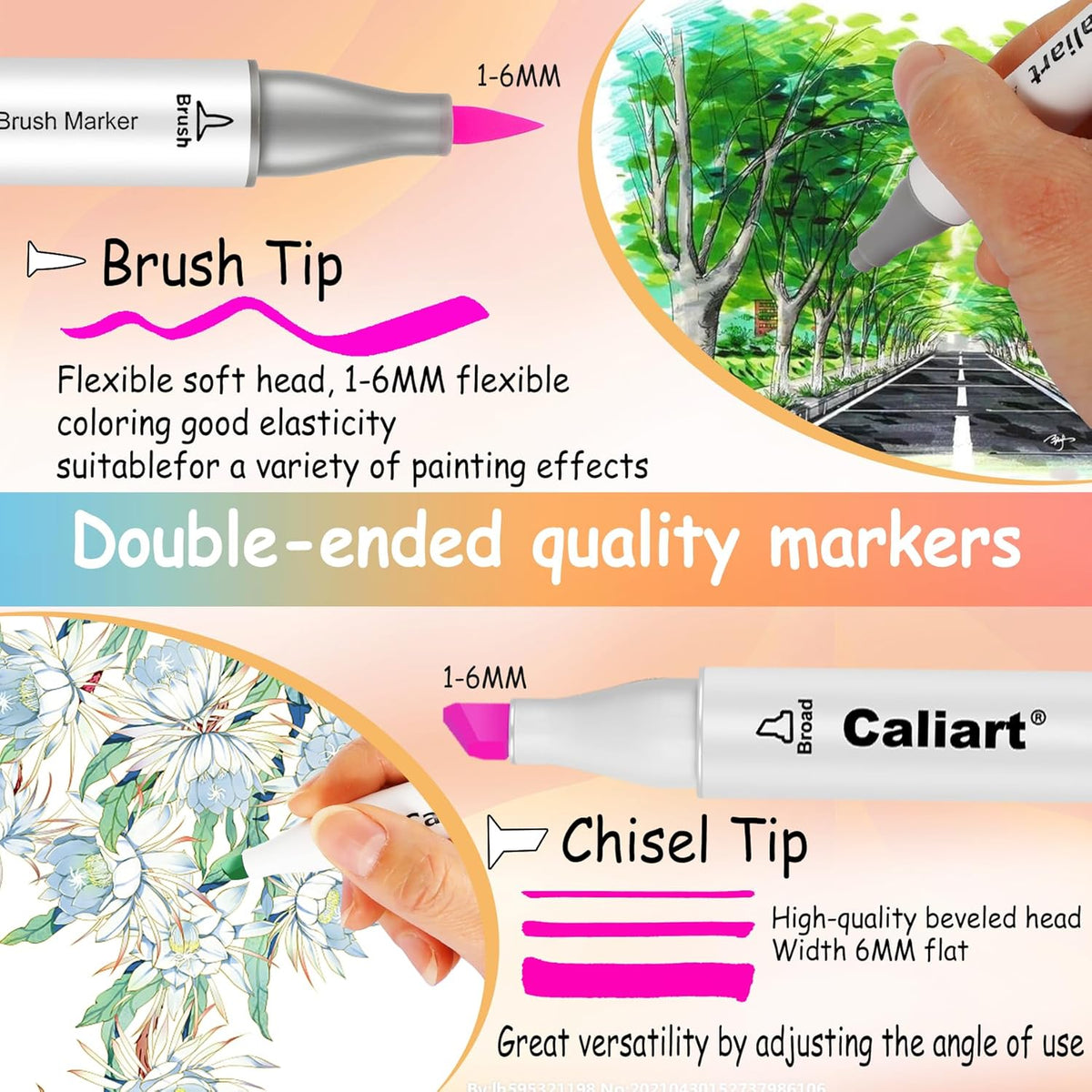 Caliart Markers Brush & Chisel, 168 Colors Alcohol Markers for Adult Coloring Book, Dual Tip Art Pen Set for Artist Illustration Sketch Drawing Gift
