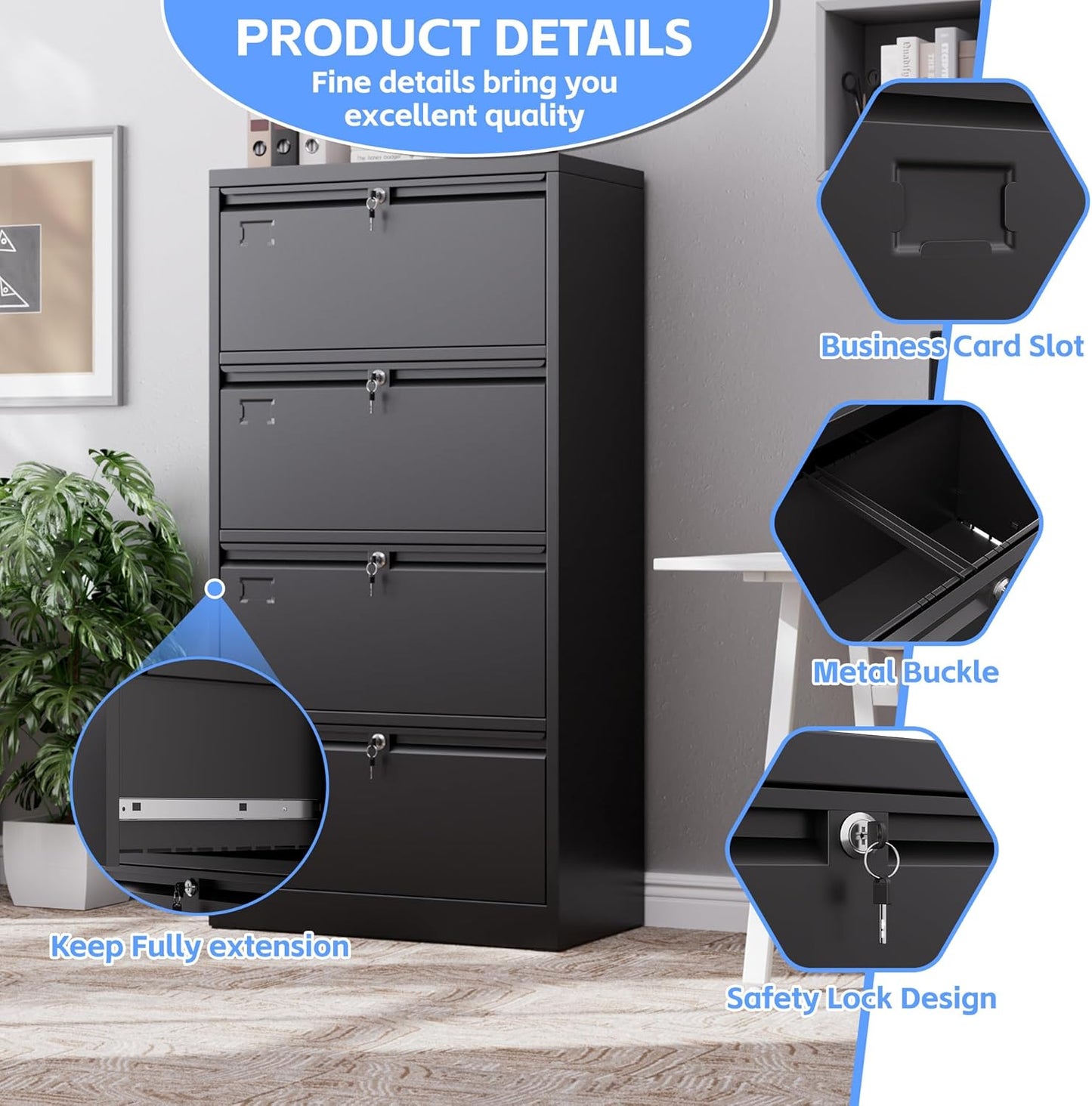 Metal 4 Drawer Lateral File Cabinet with 4 Lock - Wide Filing Cabinet for Letter/Legal/F4/A4 Hanging Files - Includes Business Card Holder,Home Office School Storage,Black