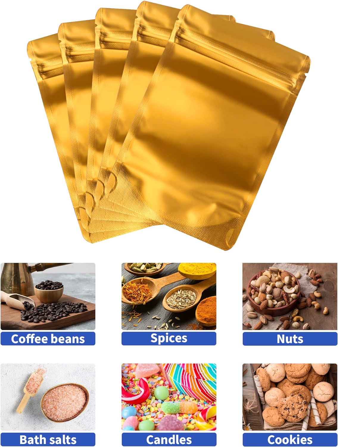 100 Pack Resealable Stand Up Bags,7.1" x 10.2" Smell Proof Pouch Sealable Foil Pouch Bags for Packaging (Gold)