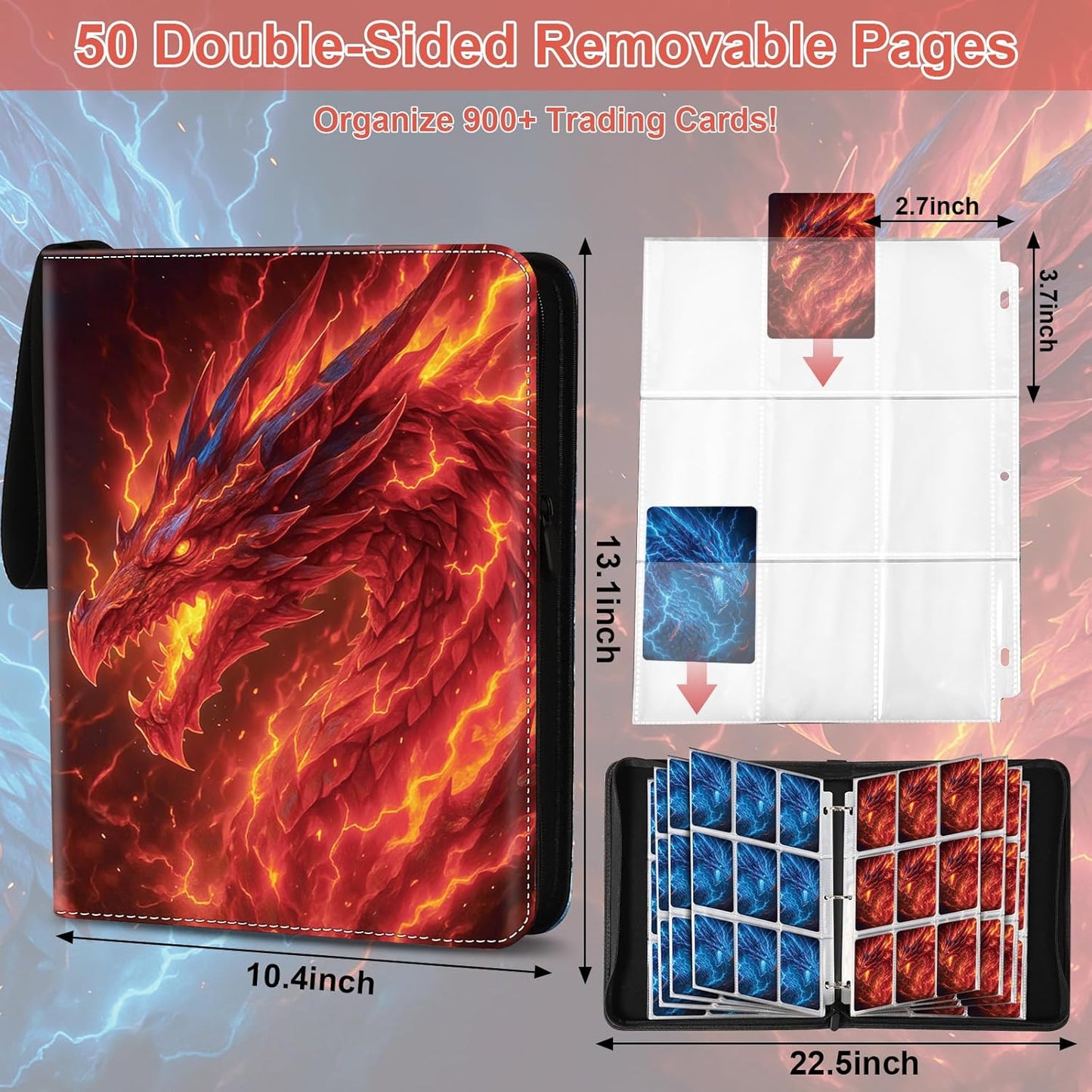 Dragon 9 Pocket Trading Card Holder Binder, Holds 900 Cards with 50 Removable Sleeves, Double-Sided Card Collection Binder Album for TCG, MTG, Sports Cards