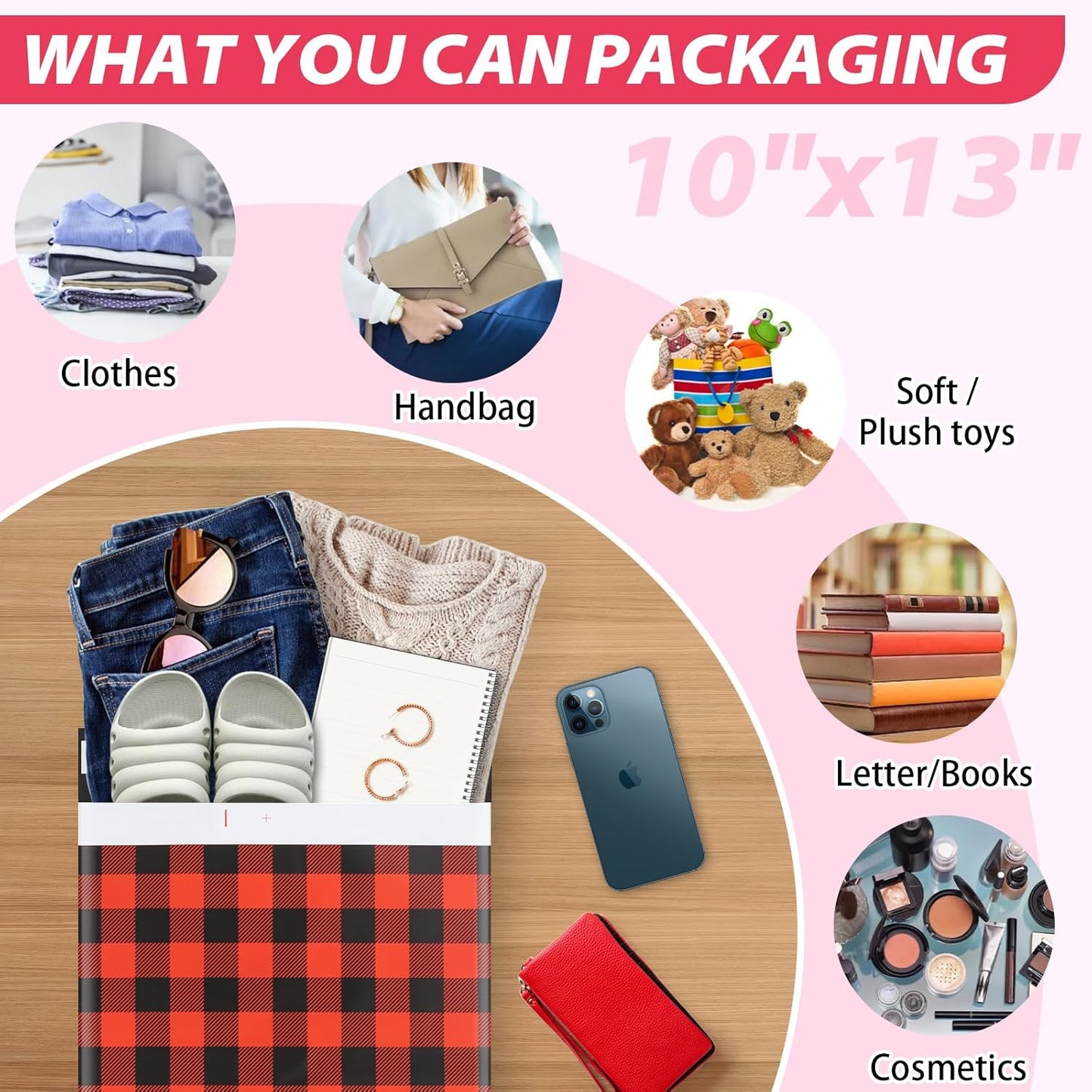 Oududianzi Poly Mailers 10x13, 50Pack Shipping Bags, Mailers Poly Bags, Shipping Envelopes, Mailing Bags, Polymailers Packaging Bags for Small Business - Red plaid