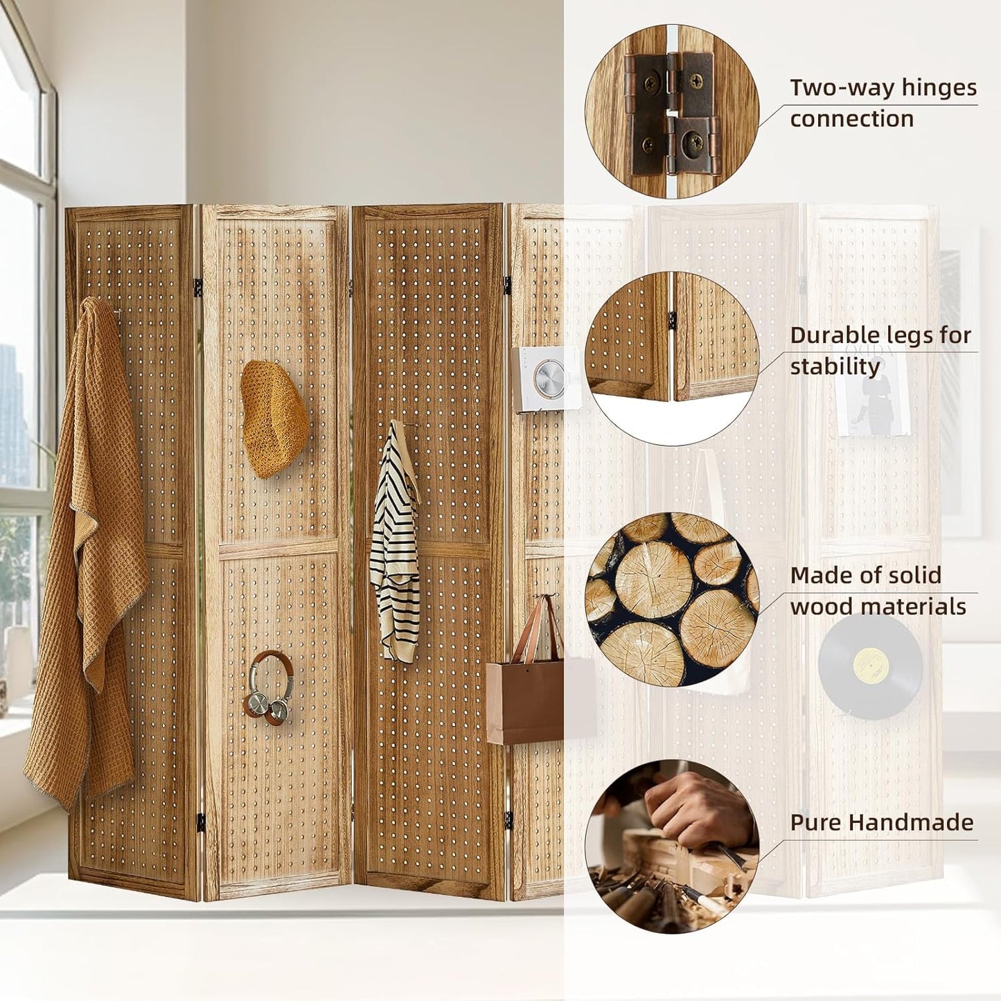 6 Panel Pegboard Display with 24 Hooks, Pegboard Room Divider and Folding Privacy Screens, Privacy Dividers for Rooms, Wooden Room Divider Wall, Jewelry Store, Bedroom, Balcony, Light Brown