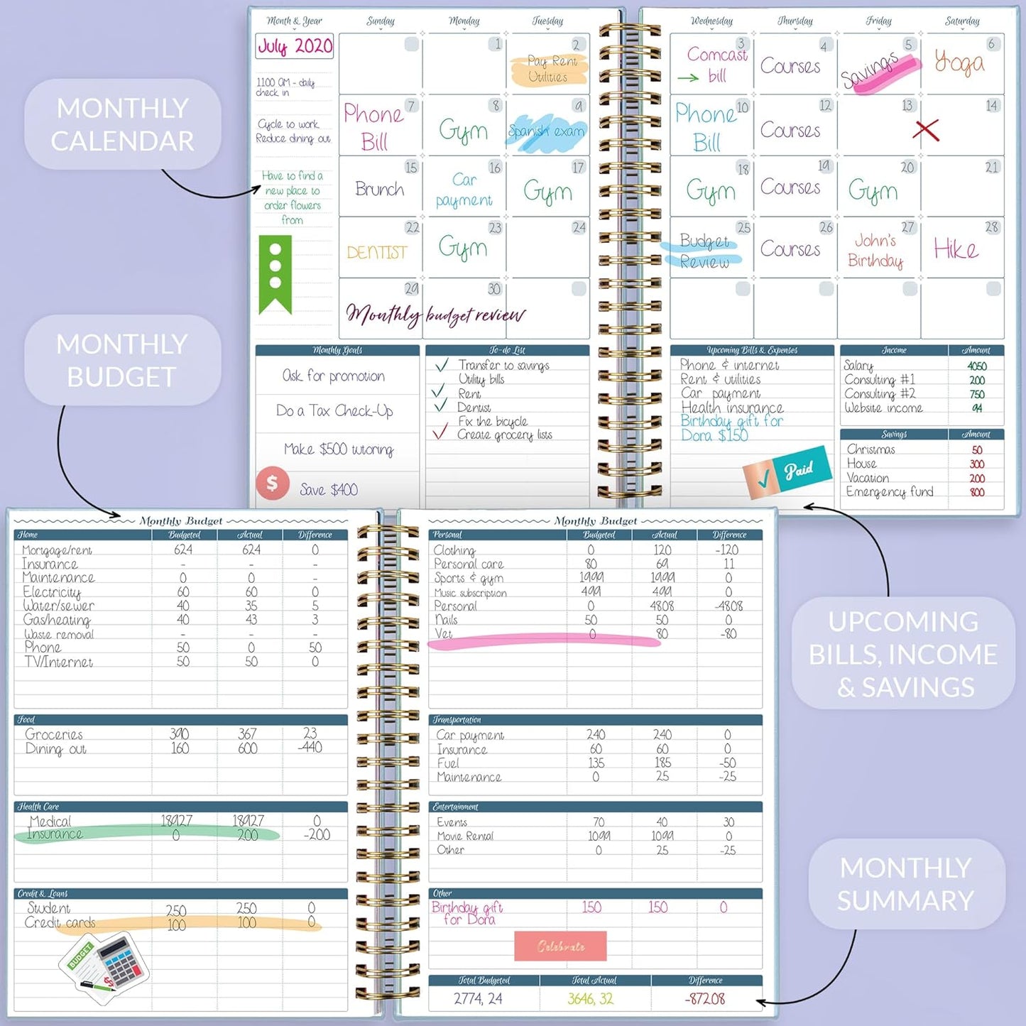 GoGirl Budget Planner & Monthly Bill Organizer – Monthly Financial Book with Pockets. Expense Tracker Notebook Journal, Large (Periwinkle)