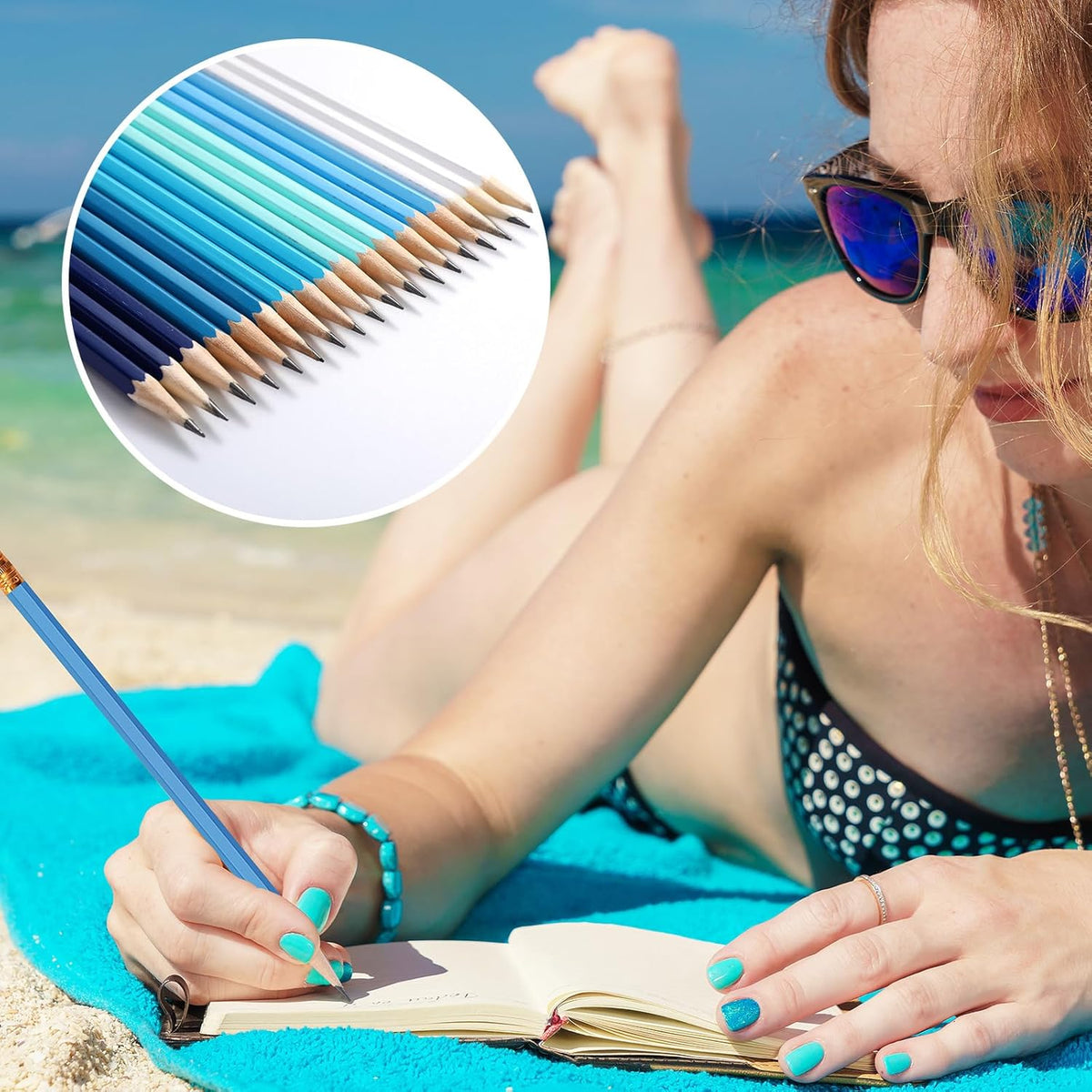 TecUnite 60 Pcs HB Pencils #2 Unsharpened Wood Cased Pencils with Eraser Hexagonal Pencil Cute Graphite No 2 Pen for Adults Gifts Exam School Office Sketching Learning(Blue Green Series, Gold)
