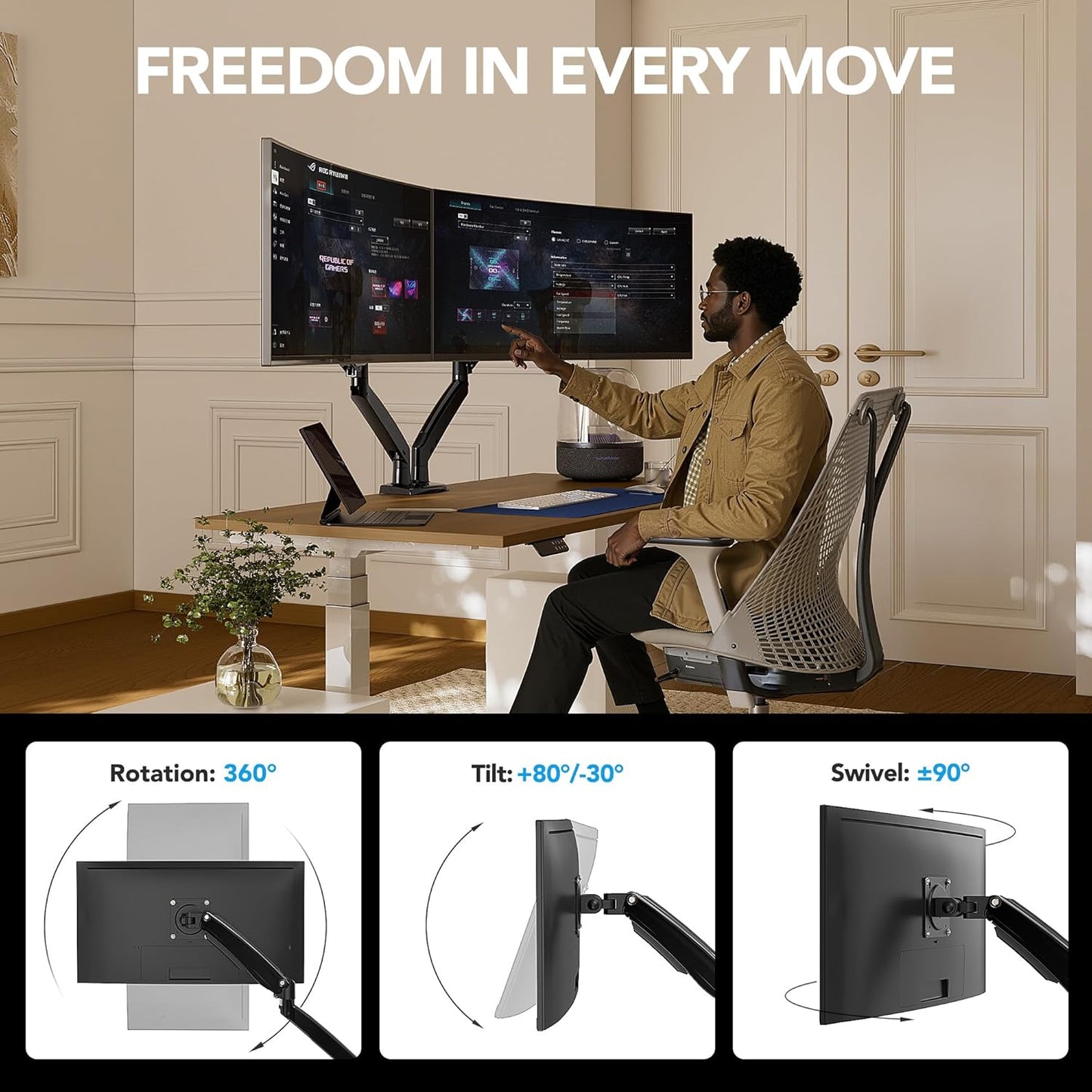 HUANUO Dual Monitor Stand for 13 to 40 inch, Premium Dual Monitor Mount with USB, Height Adjustable Monitor Stand for 2 Monitors, VESA Mount with Clamp/Grommet Base, Each Arm Hold up to 26.4lbs, HNDS7