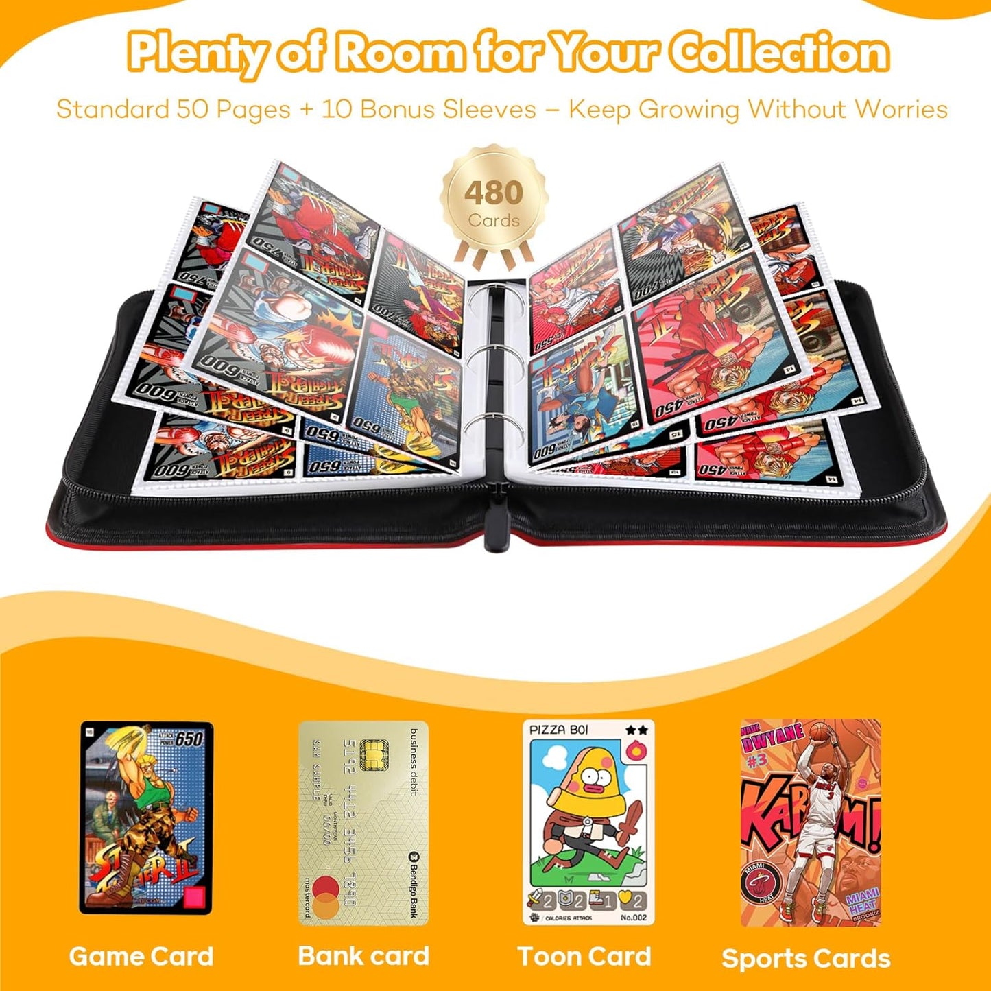 480-Card Binder – 4-Pocket Trading & Gaming Card Album with 60 Removable Sleeves, Portable PU Leather Zipper Case with Handle, Fits MTG & Sports Cards – Gift for Collectors