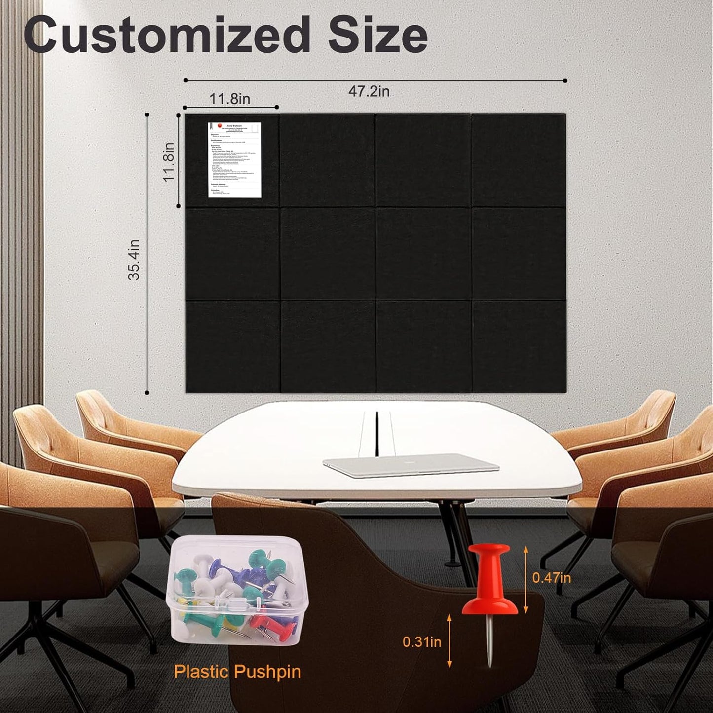 Large Bulletin Cork Boards for Walls 36" x 48", Black Bulletin Board for Office, 12 Pack Cork Felt Boards Tiles for Classroom Decor, Pin Board with Pushpins, Office Essentials