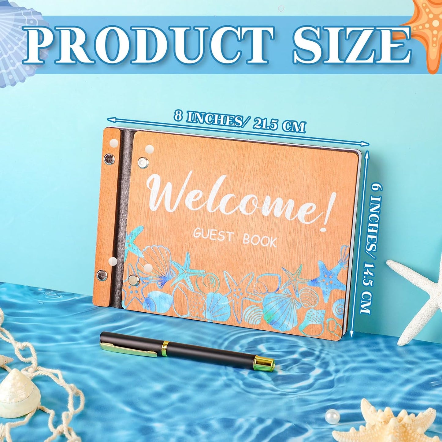 Welcome Guest Book Wood Cover Summer Beach Guest Book Vacation Home Scrapbook with Pen 8 x 6 Inches Visitor Log Book with 120 Pages for Vacation Home Host Ocean Beach Nautical Journal