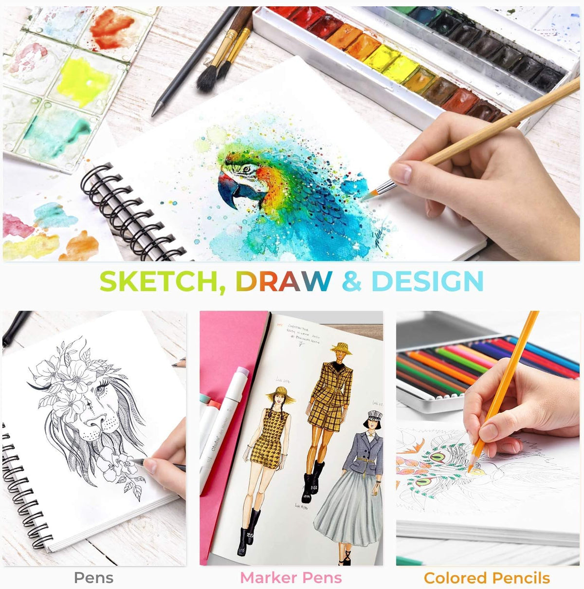 Mix Media Pad, Ohuhu Mixed Media Art Sketchbook, 120 LB/200 GSM Heavyweight Papers, 62 Sheets/124 Pages, Spiral Bound Mixed Media Paper Pad for Christmas Gift