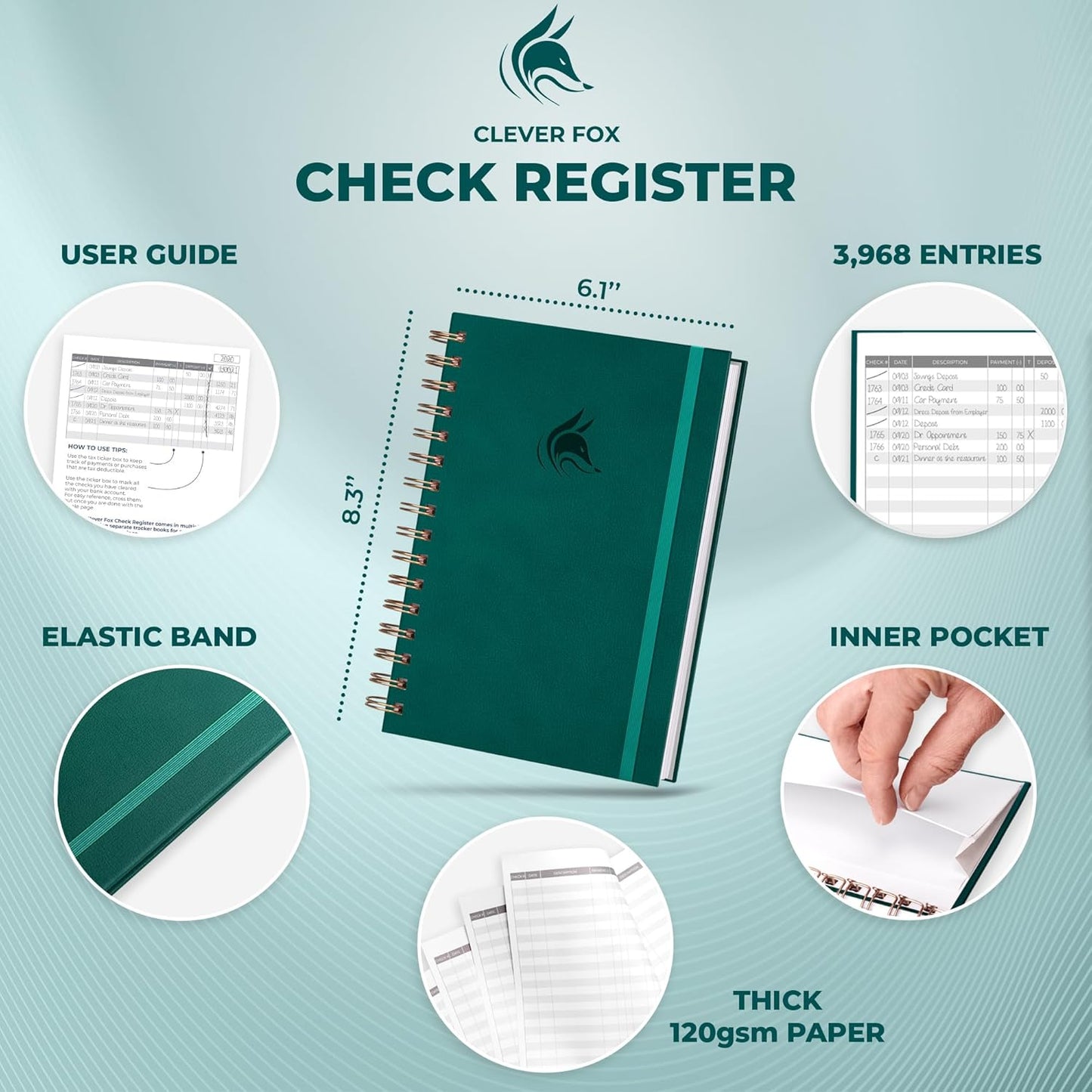 Clever Fox Check Register for Personal Checkbook – Checking Book Register – Checkbook Register – Accounting Ledger Book – 3968 Entry Lines, 6.1" x 8.3", Spiral Binding, Hardcover, Dark Teal