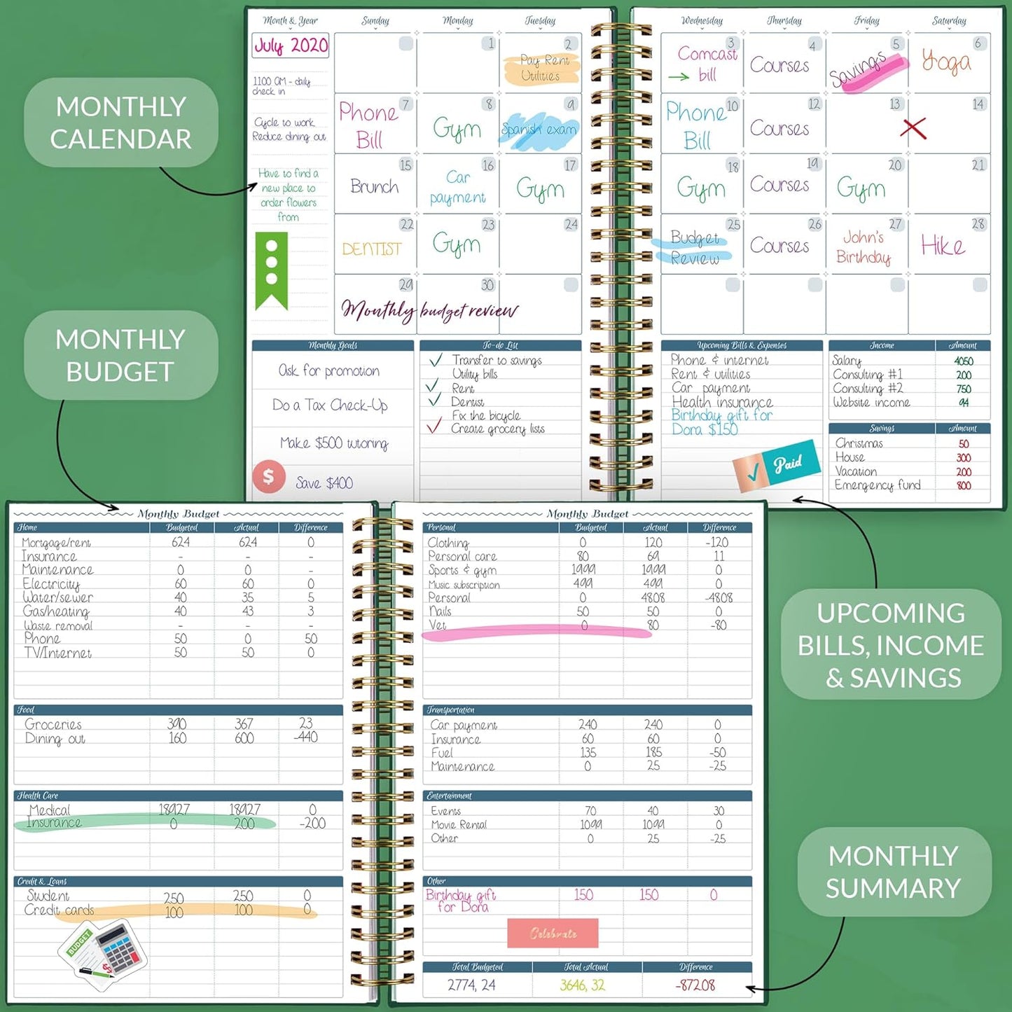 GoGirl Budget Planner & Monthly Bill Organizer – Monthly Financial Book with Pockets. Expense Tracker Notebook Journal, Large (Dark Green)