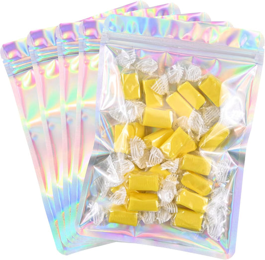 Resealable Mylar Pouch Bag Great for Office Home Party Favor Food Storage (100PCS, Holographic Color, 3.5 x 6.3 inch)