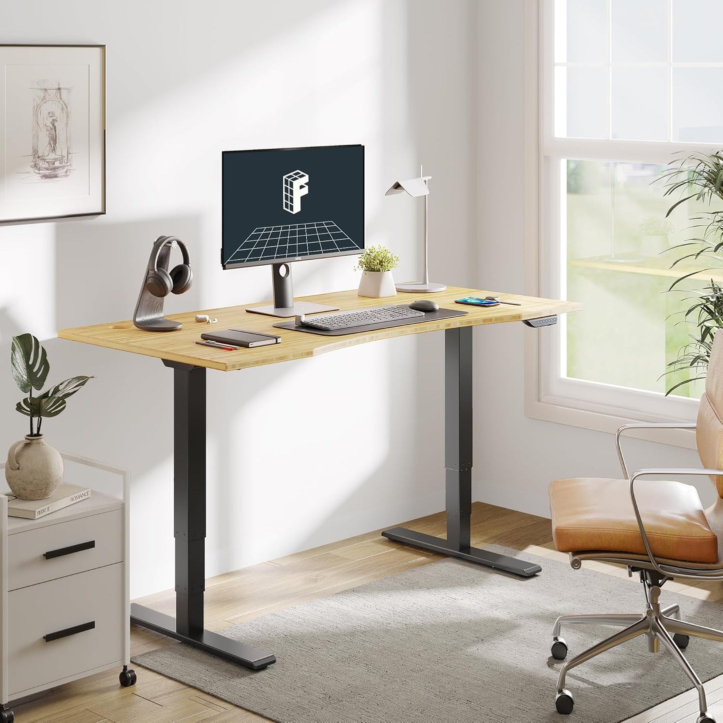 FLEXISPOT E6 MAX Bamboo Dual Motor 3 Stages Standing Desk 60x30 Inch Whole-Piece Board Electric Height Adjustable Stand Up Desk 150KG Load Capacity(Black Frame + Bamboo Curved Desktop)
