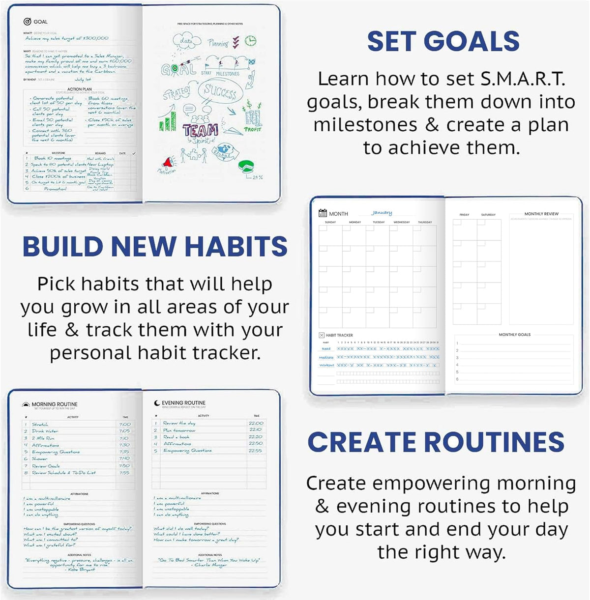 Undated Daily Planner – 1-Year B5 Productivity Organizer with Two-Page Weekly Spread, Goal Setting, Habit Tracker, Weekly & Monthly Pages – Hardcover Time Management Notebook (Blue)