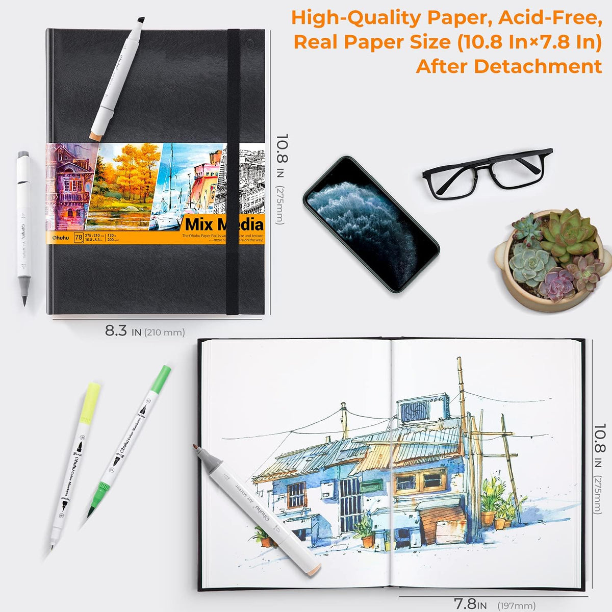 Ohuhu Mix Media Pad - 10.8"x8.3" Mixed Media Art Sketchbook, 120 llb/200 GSM Heavyweight Papers, 78 Sheets/156 Pages, PU Hardcover Mixed Media Paper Pad for Acrylic Painting Christmas Gift