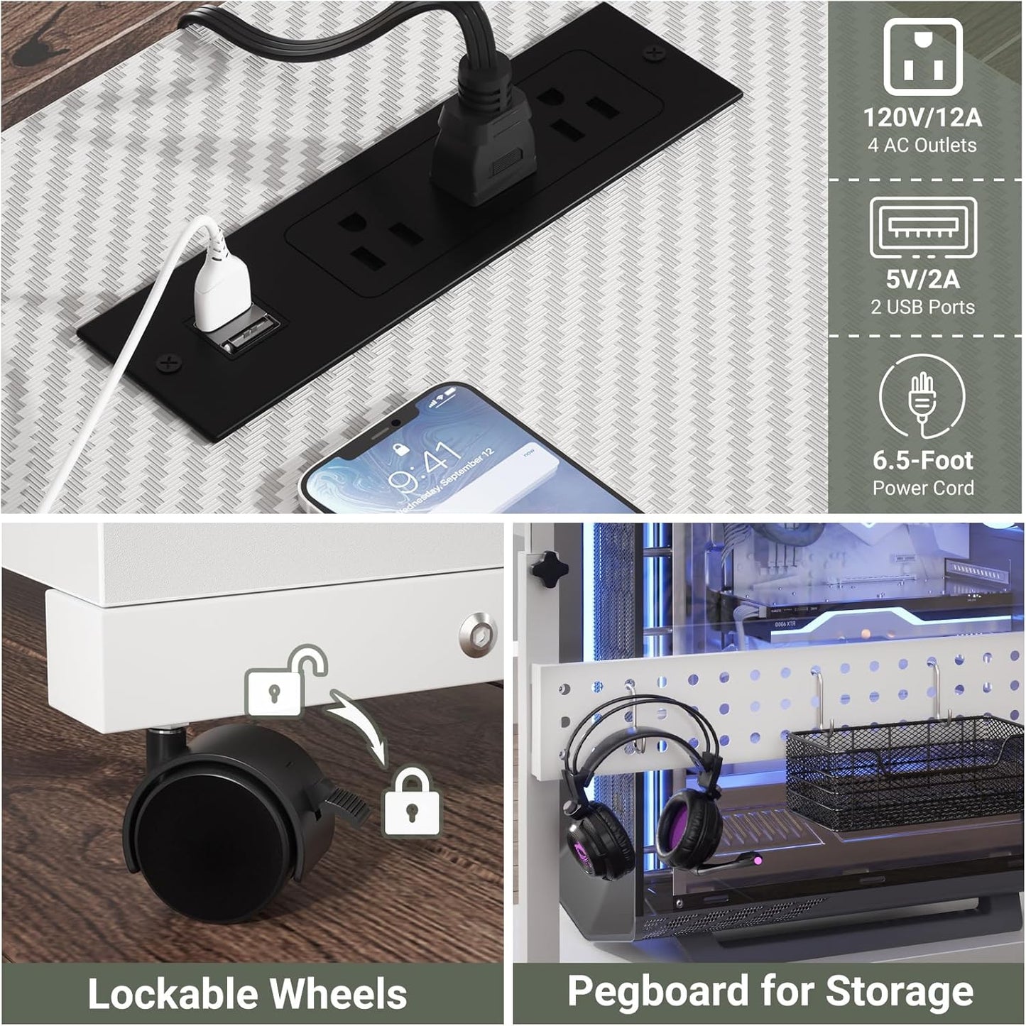 32" Large Computer Tower Stand with Power Strips, 4 Levels Manual Height Adjustable PC Tower Stand for Under Desk, Mobile Rolling CPU Holder Computer Cart with Wheels, Carbon Fiber White