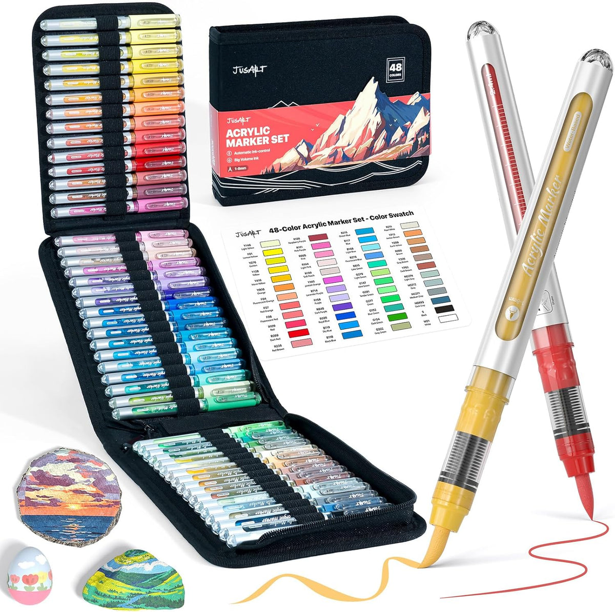 JusArt 48 Colors Acrylic Paint Markers with Canvas Bag, School Water-Based No-Bleed Paint Pens with Automatic Ink Control, Waterproof Brush Tip Markers for Rock, Egg, Wood, Fabric, Glass, DIY Crafts