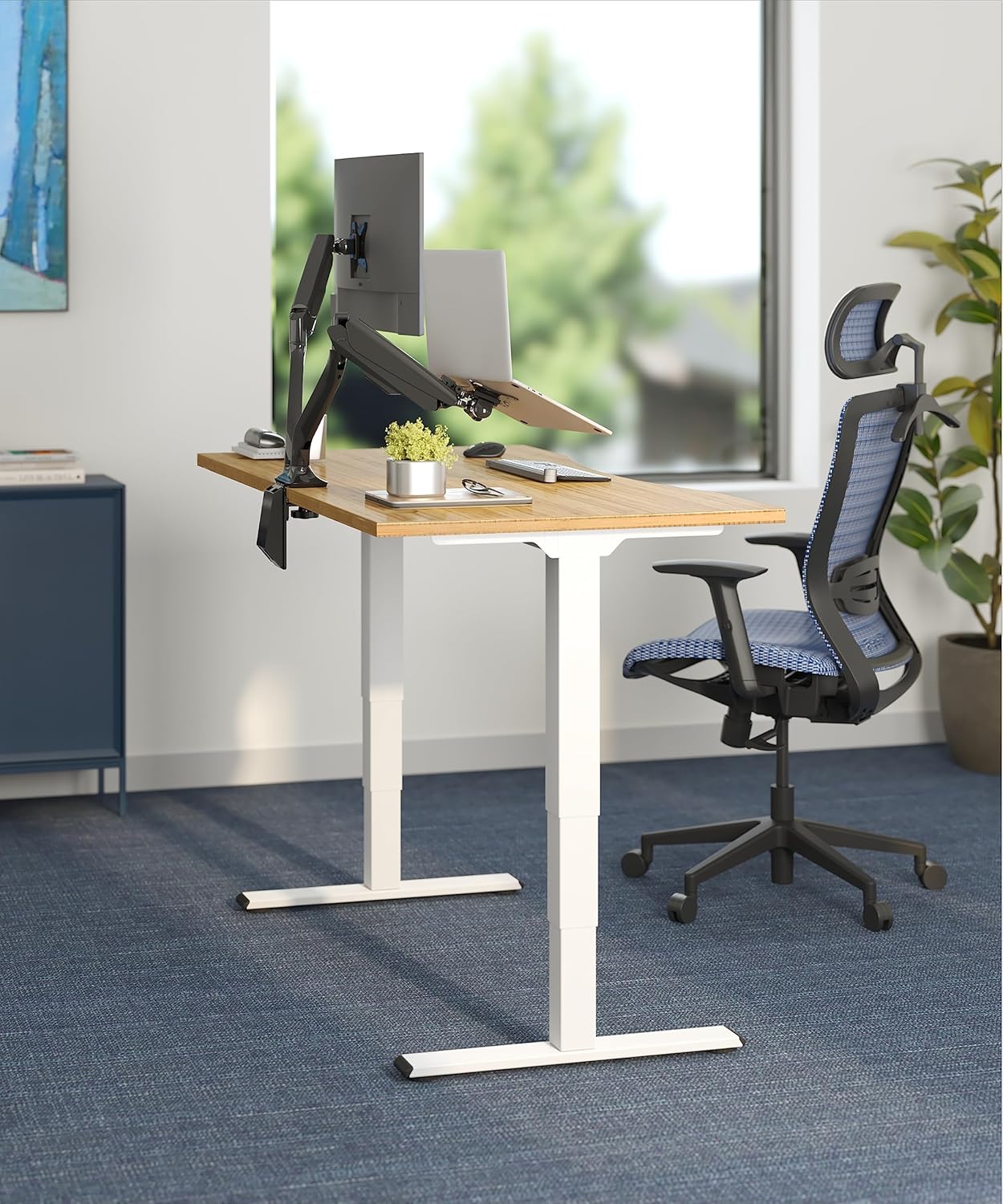 FLEXISPOT E6 Essential Bamboo 3 Stages Dual Motor 55x28 Inch Electric Height Adjustable Standing Whole-Piece Board Desk Sit Stand Up Desk (White Frame + Bamboo Desktop)