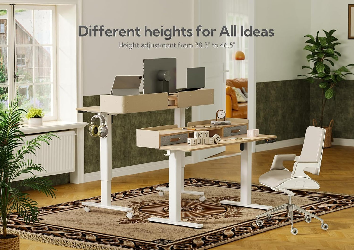 Claiks Standing Desk with Drawers, Adjustable Stand Up Electric Standing Desk Adjustable Height with Storage Shelf and Splice Board, 59 Inch, Natural