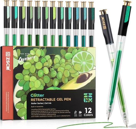 Retractable Glitter Gel Pens, 12 Colors Large Capacity Green Glitter Metallic Gel Ink Pen, 1 mm Fine Point Smooth Writing Color Pens for Adult Coloring Book Note Taking Aesthetic Art Supplies