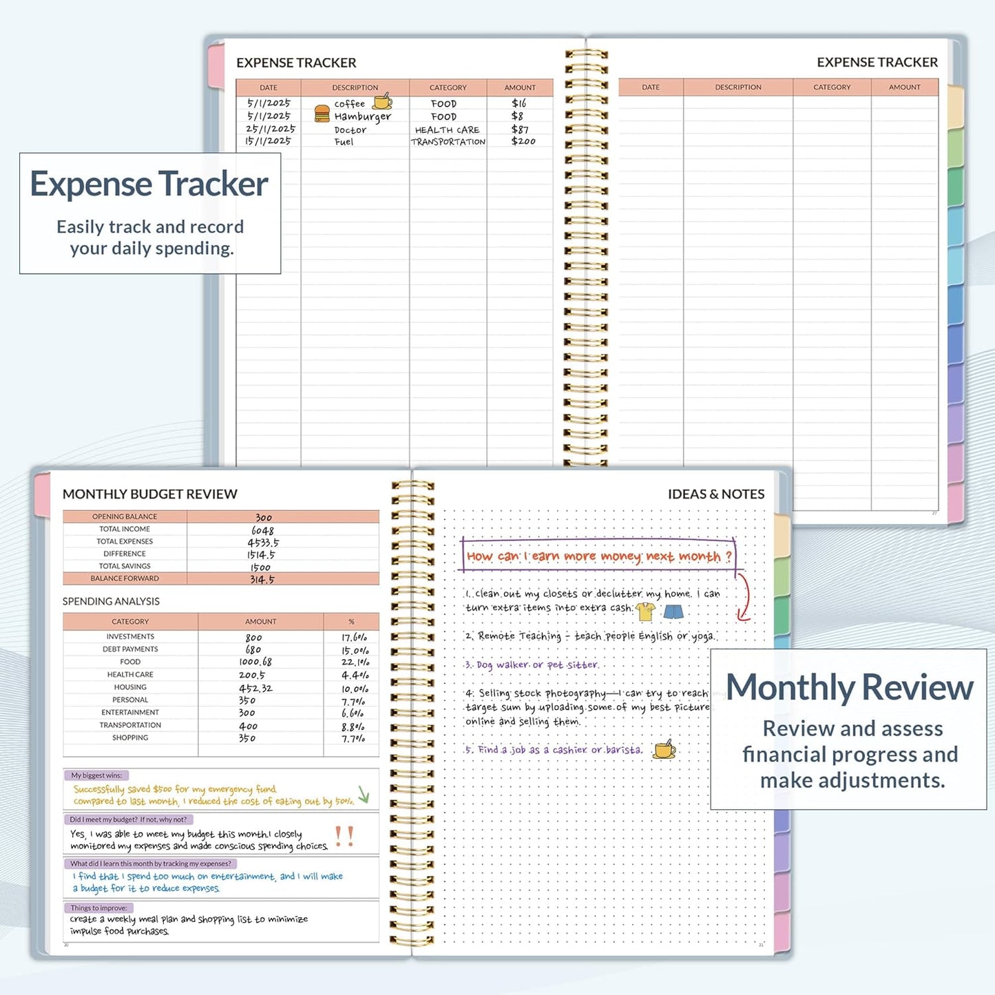 SUNEE Budget Planner - Monthly Budget Book with Expense Tracker Notebook, Undated 12 Month Bill Organizer & Finance Planner to Manage Your Money, A5 (6.4" x 8.3") Account Book with Colorful Tab, Blue