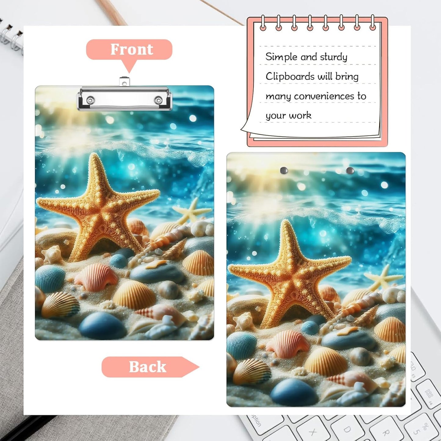 Beach Shell Starfish Plastic Clipboards,Cute Fashion Clipboard Decorative 8.5" x 12.5"Standard A4 Size Clipboards,Acrylic Clipboard for Teacher,Social Worker,Students,Nurse,Office Supplies