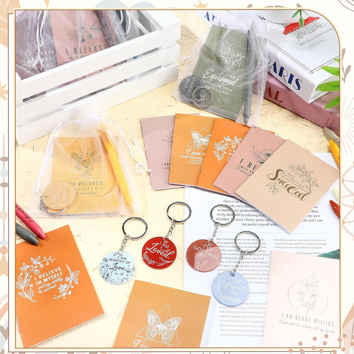 72 Pcs/24 Set Positive Affirmation Gift Set Gratitude Notebooks with Affirmation Pens Acrylic Keychains Small Bags Motivational Notepads for Women Coworkers Adults Party Favors (Vibrant)