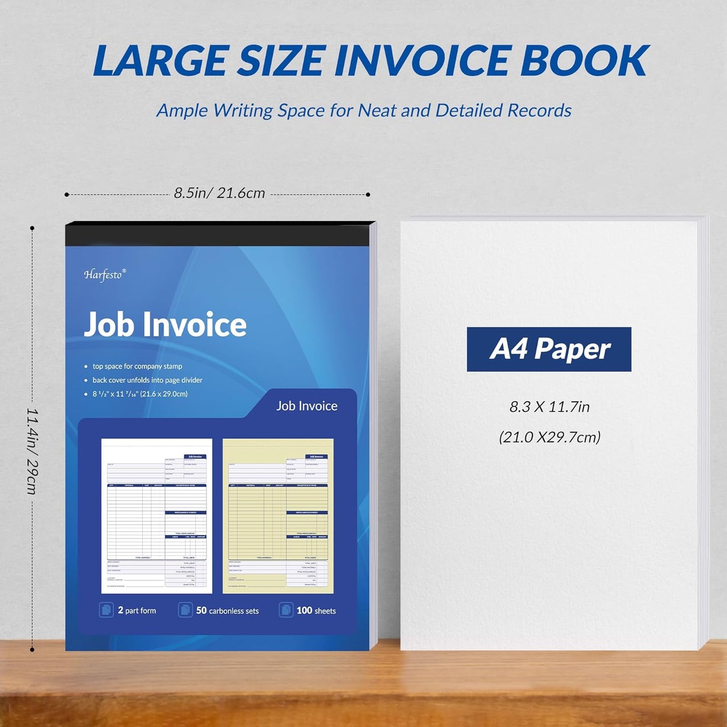 Job Work Order Forms, Large Size Contractor Invoice Book 8-1/2" x 11-7/16", Invoice Receipt Book for Small Business, 2-Part Carbonless Forms, 100 Sets (2 Books)