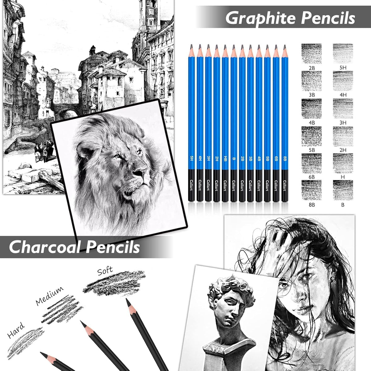 Caliart 176PCS Art Supplies Sketching Kit with 100 Sheets 3-Color Sketch Book, Graphite Colored Charcoal Watercolor & Metallic Pencils, Drawing Supplies Gifts for Artists Adults Beginners