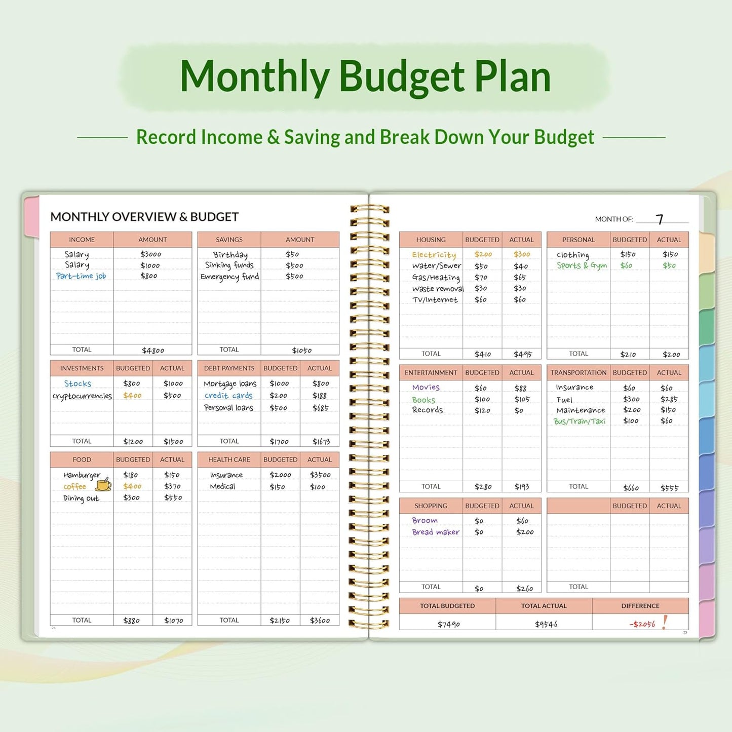 SUNEE Budget Planner - Monthly Budget Book with Expense Tracker Notebook, A4(8.5" x 11") Undated 12 Month Bill Organizer & Finance Planner to Manage Your Money, Account Book with Colorful Tab, Green