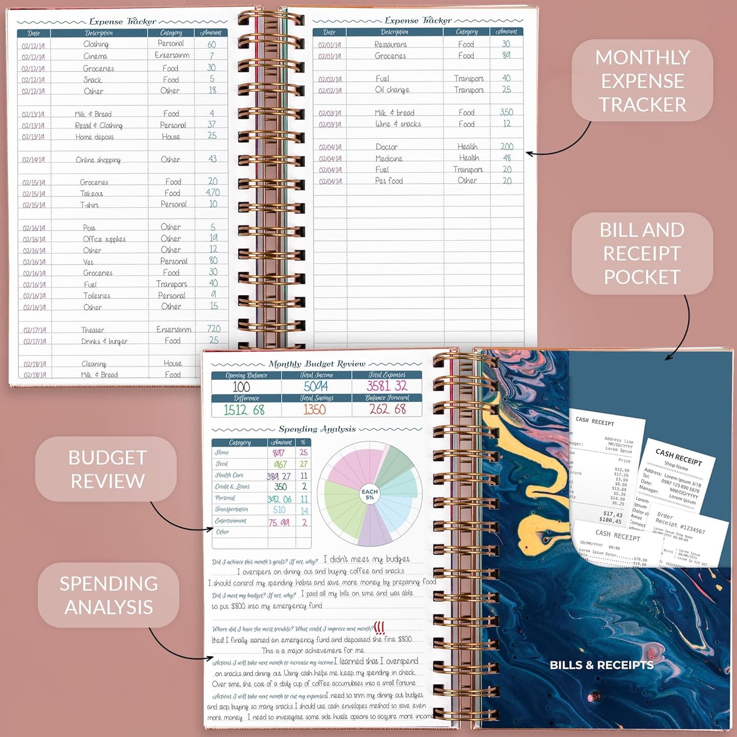 GoGirl Budget Planner & Monthly Bill Organizer – Monthly Financial Book with Pockets. Expense Tracker Notebook Journal, Compact (Rose Gold)