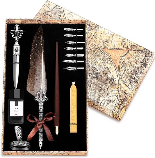 Vintage Quill Pen Ink Set,Feather Quill Pens with Wooden Calligraphy Pen, Including 7 Different Sizes of Nib, Calligraphy Pen Set Gift & Women and Man(Grey)