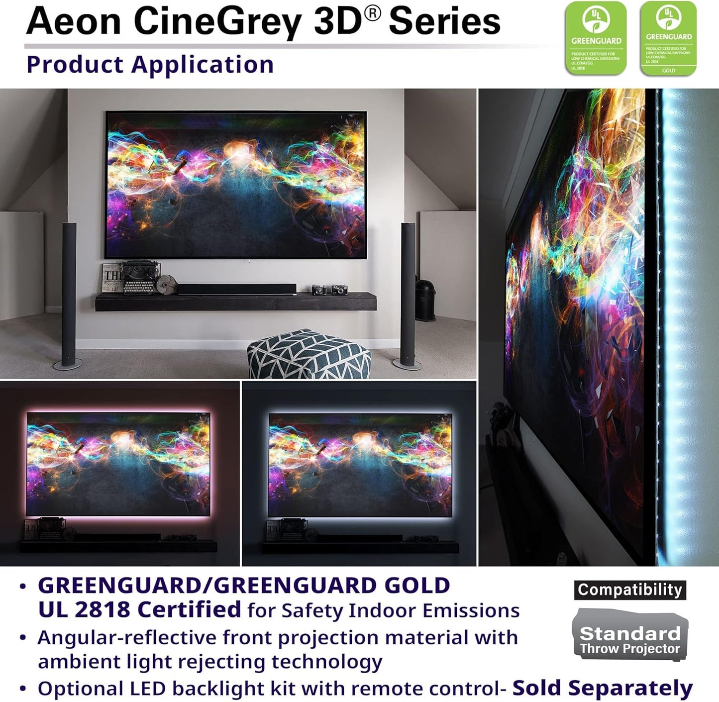 Elite Screens 110 inch CLR/ALR Projector Screen 16:9 4K, Standard Throw Projection, Edge Free Ambient Light Rejecting Fixed Frame Grey for Indoor Movie Screen Home Theater - Aeon CineGrey 3D AR110DHD3