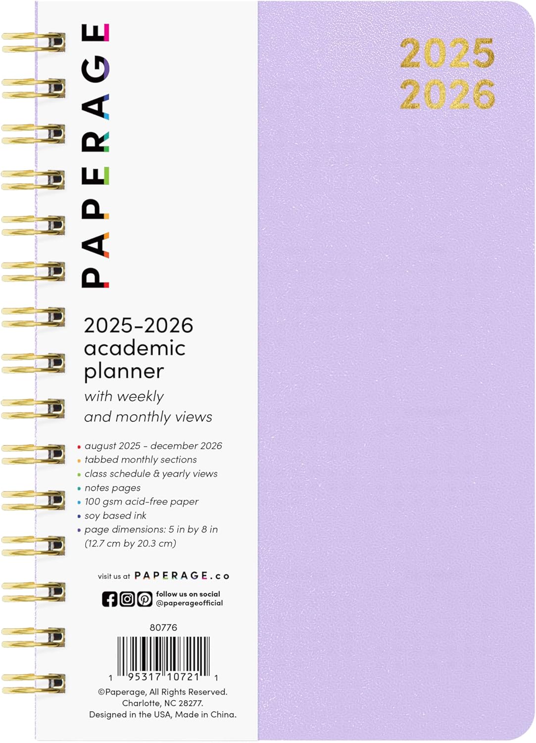 PAPERAGE 17 Month Academic Planner 2025-2026, Weekly & Monthly Spreads, August 2025 - December 2026, Small (5 in x 8 in), Lavender